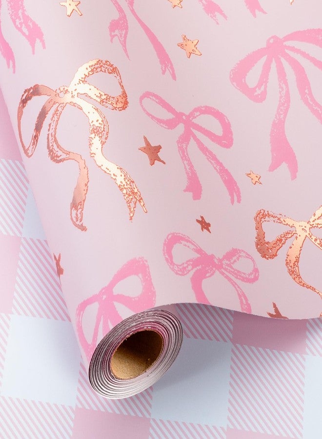 MAYPLUSS Pink Wrapping Paper Roll, Cute Bow Gift Wrap, Reversible Plaid Gift Paper for Girl Baby Shower, Birthday, Wedding 17 Inch x 33 Feet - Image 1