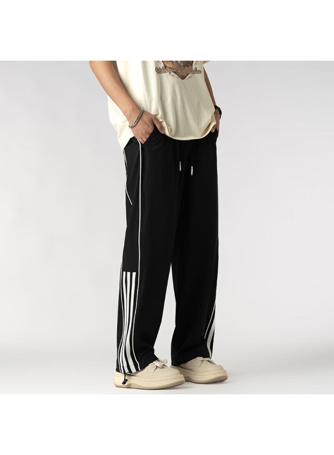 Homlean American Retro Striped Draping Sweatpants For Men, Loose-fit Trendy Wide-leg Casual Pants Ls07 Midnight Black 3XL - Image 4