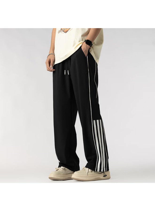 Homlean American Retro Striped Draping Sweatpants For Men, Loose-fit Trendy Wide-leg Casual Pants Ls07 Midnight Black 3XL - Image 5