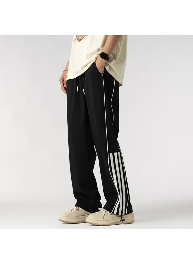 Homlean American Retro Striped Draping Sweatpants For Men, Loose-fit Trendy Wide-leg Casual Pants Ls07 Midnight Black 3XL - Image 1