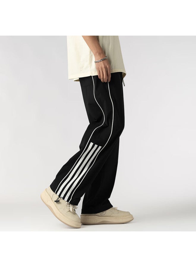 Homlean American Retro Striped Draping Sweatpants For Men, Loose-fit Trendy Wide-leg Casual Pants Ls07 Midnight Black 3XL - Image 3