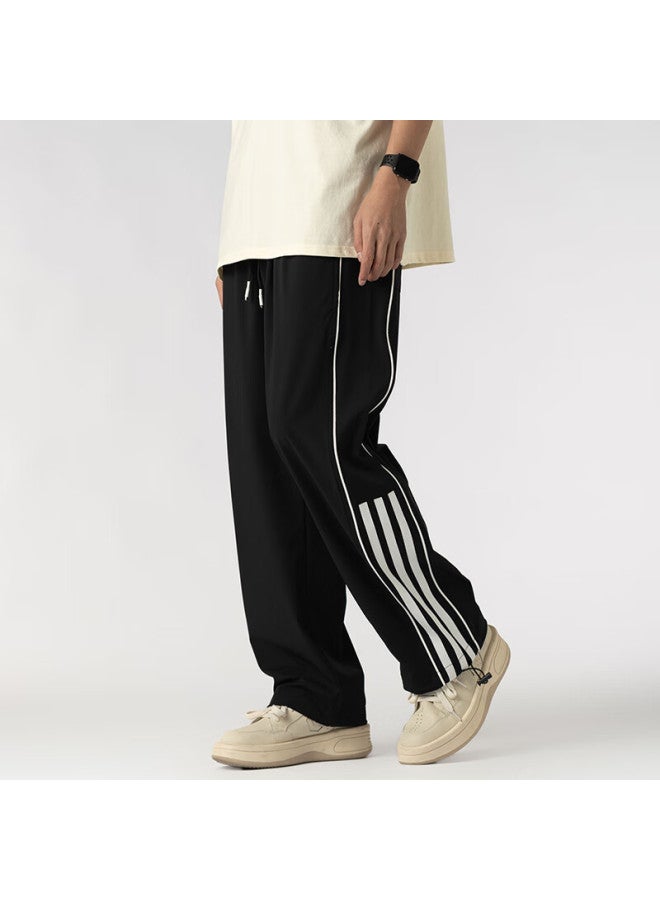 Homlean American Retro Striped Draping Sweatpants For Men, Loose-fit Trendy Wide-leg Casual Pants Ls07 Midnight Black 3XL - Image 2