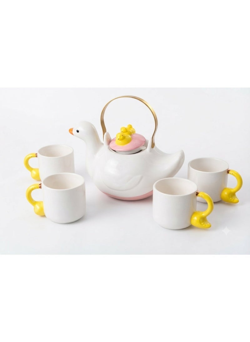 Duck and her babies set: Trendy duck teapot + 4 mugs, porcelain material