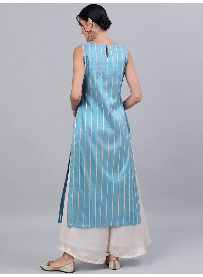 AKS Blue Gold Zari Stripes Woven Design Straight Kurta  - Image 4