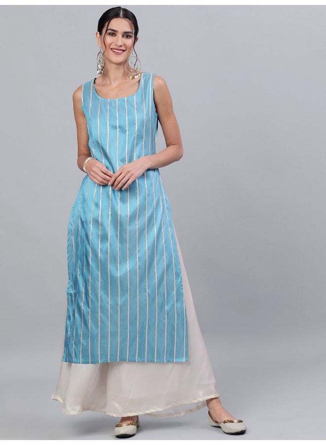 AKS Blue Gold Zari Stripes Woven Design Straight Kurta  - Image 5