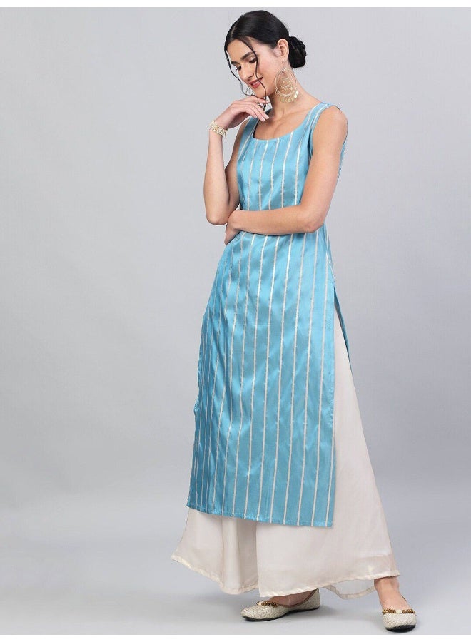 AKS Blue Gold Zari Stripes Woven Design Straight Kurta  - Image 1