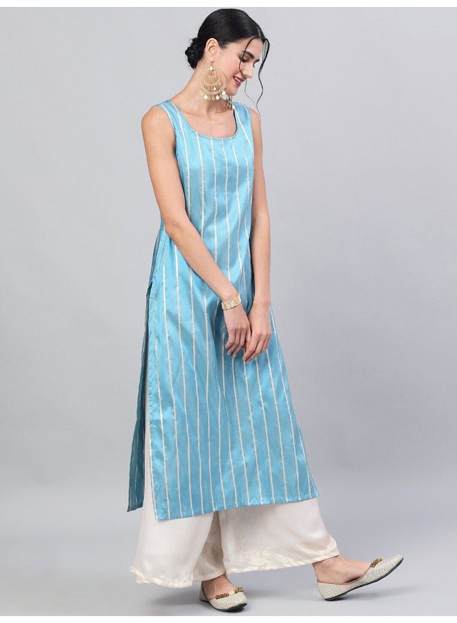 AKS Blue Gold Zari Stripes Woven Design Straight Kurta  - Image 3