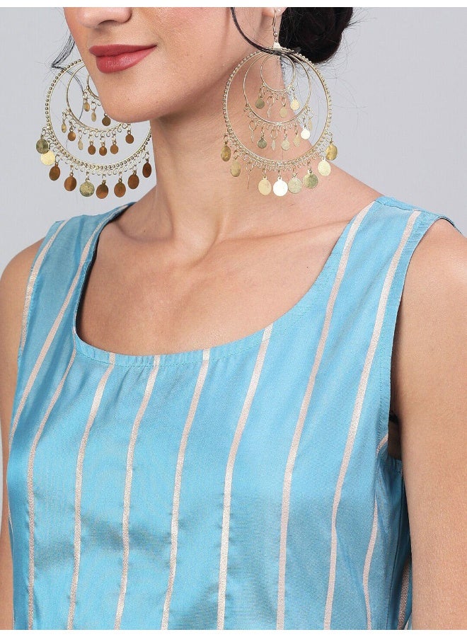 AKS Blue Gold Zari Stripes Woven Design Straight Kurta  - Image 2