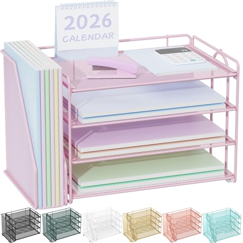 Spacrea Desk Organizers and Accessories Paper Organizer for Desk with File organizer Desk Accessories Workspace Organizers for Office Supplies Pink - Image 1