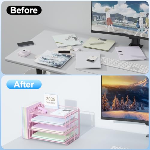 Spacrea Desk Organizers and Accessories Paper Organizer for Desk with File organizer Desk Accessories Workspace Organizers for Office Supplies Pink - Image 3