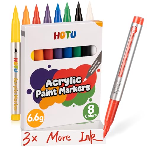HOTU 3X ink Large Capacity Acrylic Markers Brush Tip 8 Colors, 6.6g large capacity ink, No-bleed Water-Based Acrylic Paint Markers for Coloring Book，Rock Painting Paper Fabric Wood Eggs DIY Crafts - Image 1