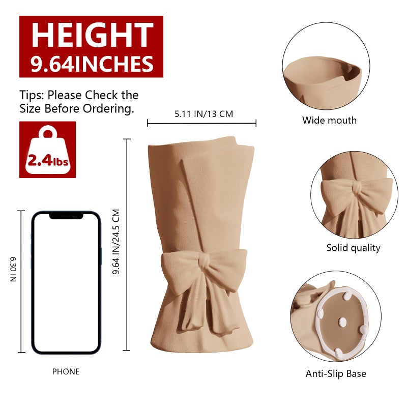 Relexome Beige Ceramic Bow Vase 9.64 in Unique Cute Modern Decorative Bouquet Flower Vases for Home Living Room Table Decor Women Girl Gifts - Image 2
