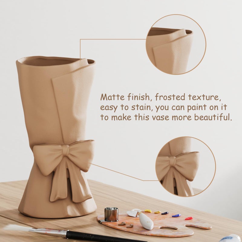 Relexome Beige Ceramic Bow Vase 9.64 in Unique Cute Modern Decorative Bouquet Flower Vases for Home Living Room Table Decor Women Girl Gifts - Image 4
