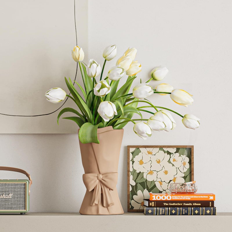 Relexome Beige Ceramic Bow Vase 9.64 in Unique Cute Modern Decorative Bouquet Flower Vases for Home Living Room Table Decor Women Girl Gifts - Image 5