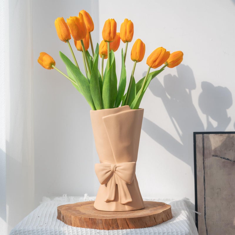 Relexome Beige Ceramic Bow Vase 9.64 in Unique Cute Modern Decorative Bouquet Flower Vases for Home Living Room Table Decor Women Girl Gifts - Image 3