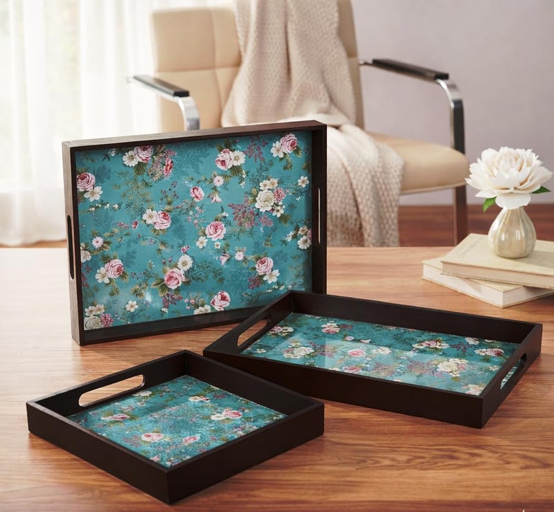 Amimashop® Wooden Serving Tray Set of 3 | Rectangular Trays with Handles | Floral Design | Multipurpose Wooden Trays for Serving, Kitchen Organizer, Dining Table & Home Decor - Image 1