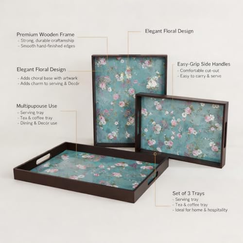Amimashop® Wooden Serving Tray Set of 3 | Rectangular Trays with Handles | Floral Design | Multipurpose Wooden Trays for Serving, Kitchen Organizer, Dining Table & Home Decor - Image 5