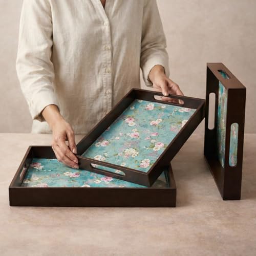 Amimashop® Wooden Serving Tray Set of 3 | Rectangular Trays with Handles | Floral Design | Multipurpose Wooden Trays for Serving, Kitchen Organizer, Dining Table & Home Decor - Image 4