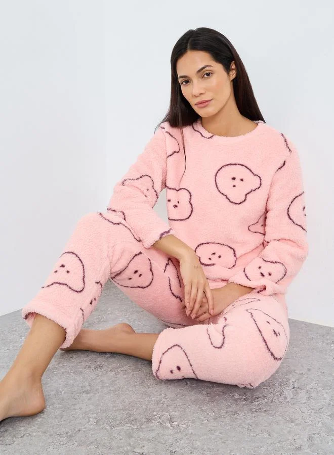 Take Two Take Two Bear Print Fleece Top and Pyjama Set
