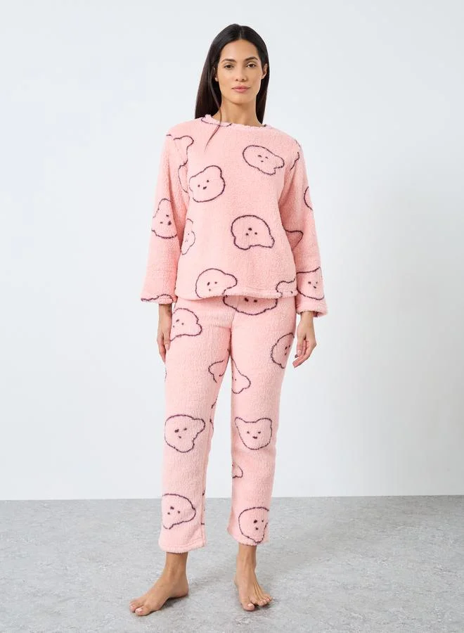 Take Two Take Two Bear Print Fleece Top and Pyjama Set
