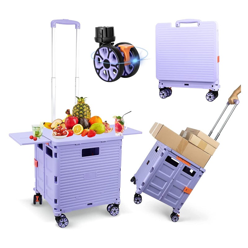 FELICON SELORSS Folding Utility Cart Portable Rolling Crate Handcart with Magnetic Sliding Lid Telescoping Handle Plastic Box Dolly 360Swivel Wheels for Travel Shop Move Office TeacherPurple Pro