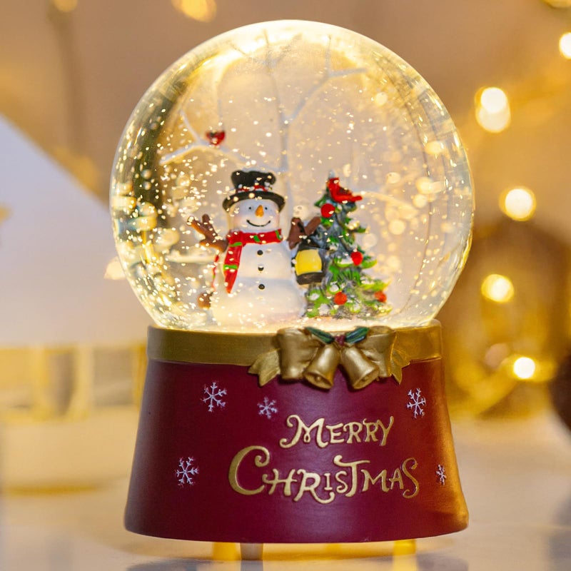 Christmas Glass Snow Globe Glitter Spinning Water Lantern Lighted Musical Snowman with Holiday Tree Scene 6H Timer Battery  USB Powered Light for Home Decoration