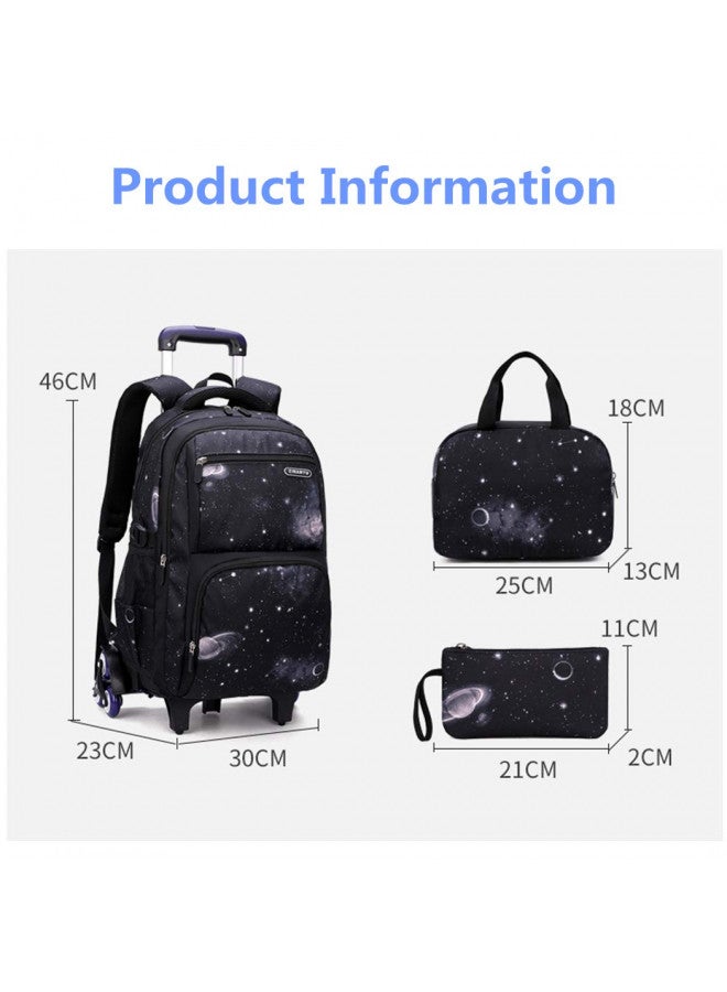 Bansusu 3Pcs Galaxy Boys Rolling Backpack Set with Lunch Bag, Galaxy Print Kids Backpack for Boys with Wheels - Image 1