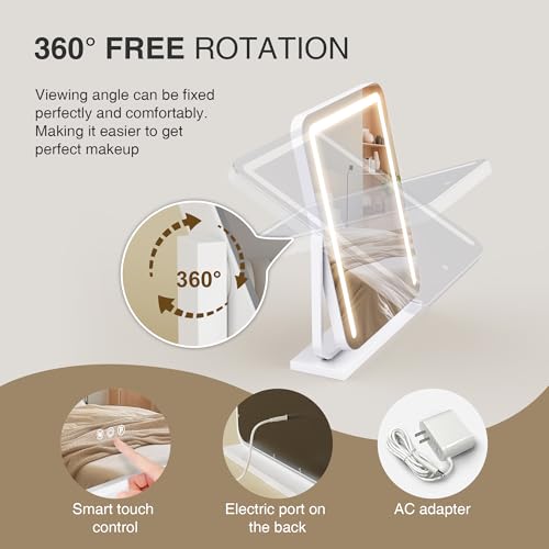 MICLIONLED Lighted Makeup Mirror with Lights,Dimmable Touch Control Vanity Mirror for Desk/Bedroom, 360° Rotation,3 Color Modes for Flawless Application - Ideal Gifts for Her (White) - Image 4