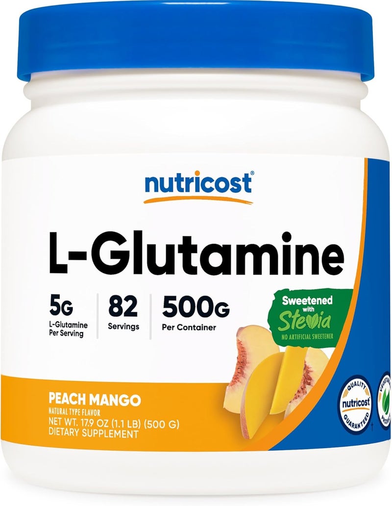 Nutricost LGlutamine Powder Sweetened with Stevia 500 Grams Peach Mango  Supplement for Gut Support 5 Grams of LGlutamine Per Serving  Gluten Free NonGMO - Image 1