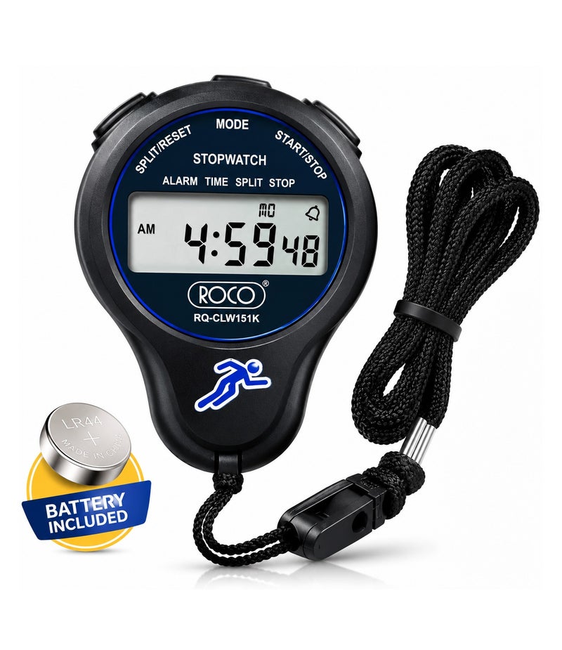 ROCO Digital Stopwatch With Lanyard And Battery, Time Date Display, Black - Image 1