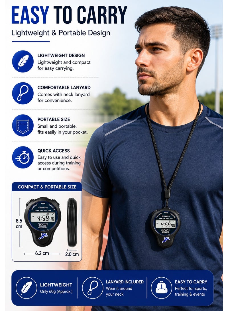 ROCO Digital Stopwatch With Lanyard And Battery, Time Date Display, Black - Image 5