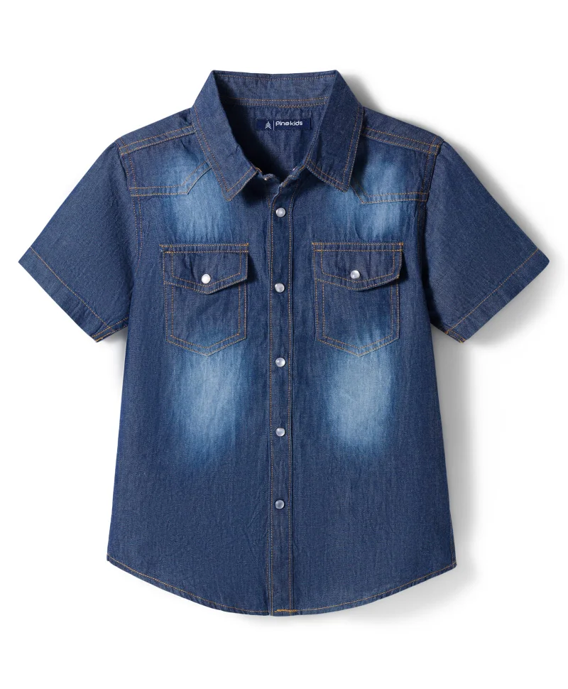 Pine Kids Pine Kids Woven Half Sleeves Washed Denim Shirt - Dark Blue
