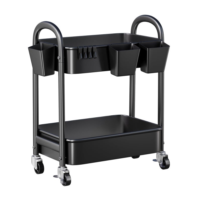 Recximi 2 Tier Rolling Cart Metal, Two Tiered Short Storage Side Table with Wheels, Under Desk Mobile Trolley on Wheels, Small Utility Organizer Carts for Craft, Baby, Bedside, Office, Kitchen, Black Basket - Image 1