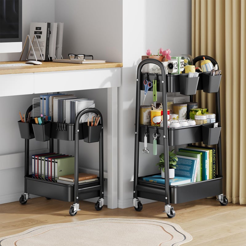 Recximi 2 Tier Rolling Cart Metal, Two Tiered Short Storage Side Table with Wheels, Under Desk Mobile Trolley on Wheels, Small Utility Organizer Carts for Craft, Baby, Bedside, Office, Kitchen, Black Basket - Image 3