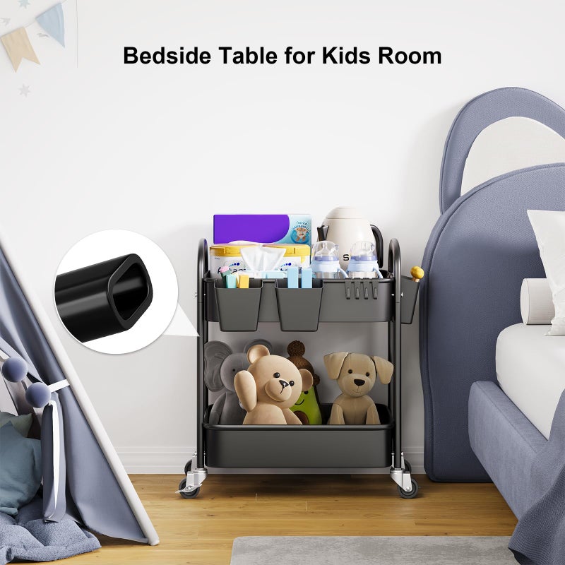 Recximi 2 Tier Rolling Cart Metal, Two Tiered Short Storage Side Table with Wheels, Under Desk Mobile Trolley on Wheels, Small Utility Organizer Carts for Craft, Baby, Bedside, Office, Kitchen, Black Basket - Image 2