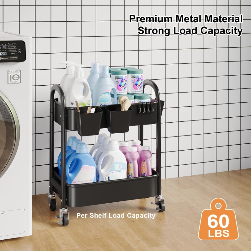 Recximi 2 Tier Rolling Cart Metal, Two Tiered Short Storage Side Table with Wheels, Under Desk Mobile Trolley on Wheels, Small Utility Organizer Carts for Craft, Baby, Bedside, Office, Kitchen, Black Basket - Image 5