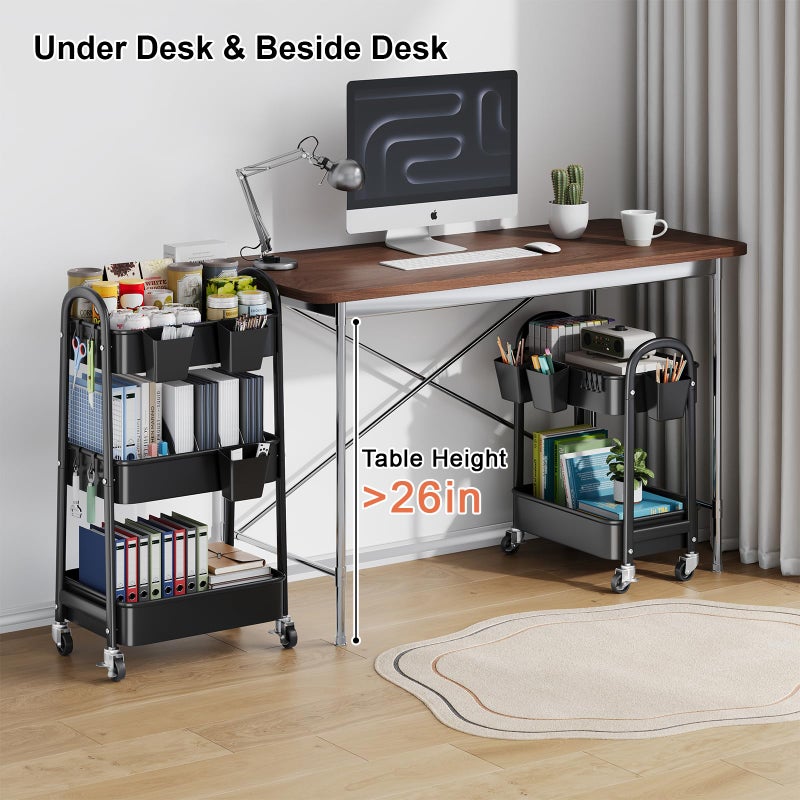 Recximi 2 Tier Rolling Cart Metal, Two Tiered Short Storage Side Table with Wheels, Under Desk Mobile Trolley on Wheels, Small Utility Organizer Carts for Craft, Baby, Bedside, Office, Kitchen, Black Basket - Image 4