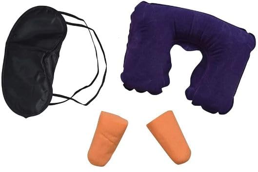 S Cart S Cart Foldable Travel Kit Inflatable Neck Air Cushion Pillow with Eye Mask and Ear Plugs for Flight Journey Set of 3  - Image 1