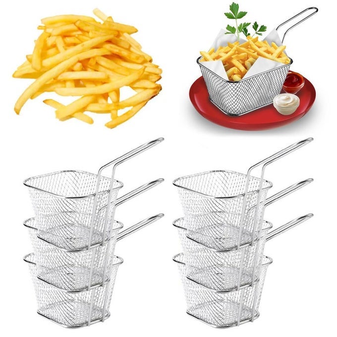6 PCS MINI SQUARE FRY BASKET STAINLESS STEEL FRENCH FRIES HOLDER DEEP FRYER BASKETS WITH HANDLES TABLE SERVING FRYING CHIPS BASKETS FRENCH FRY HOLDER FOR KITCHEN PARTY BARBECUE SILVER