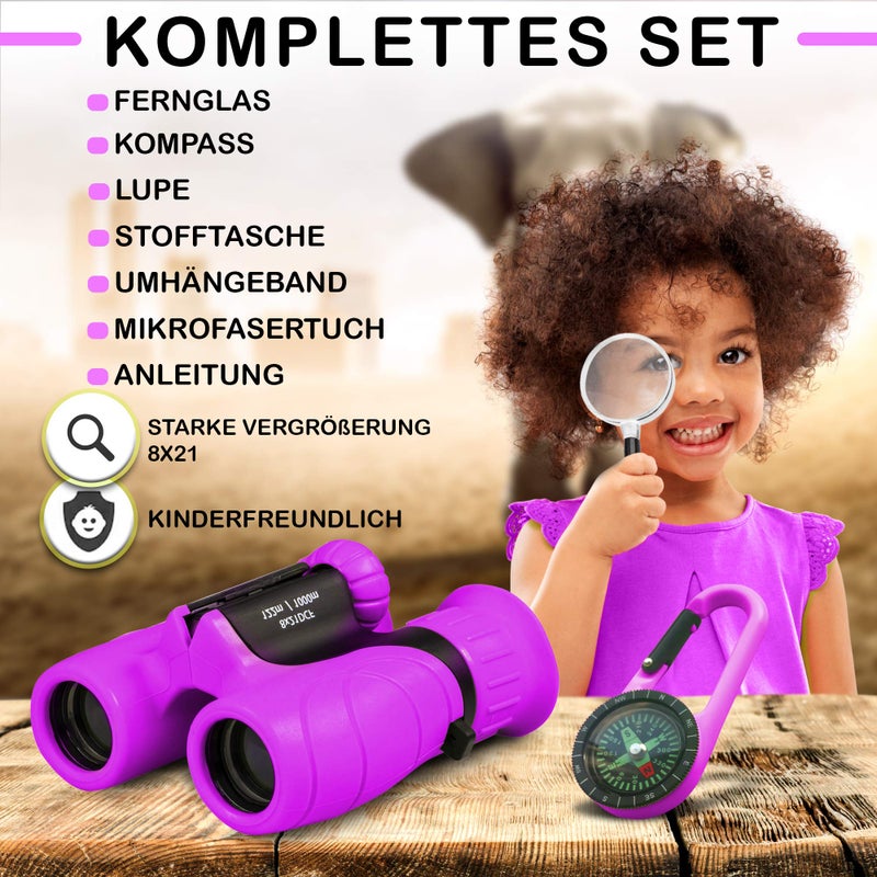 Promora Binoculars for Children - Ideal Gift for Boys and Girls - Strong Magnification 8 x 21 - Comprehensive Set Including Magnifier & Compass - Toy for Children 3-12 Years - Image 2