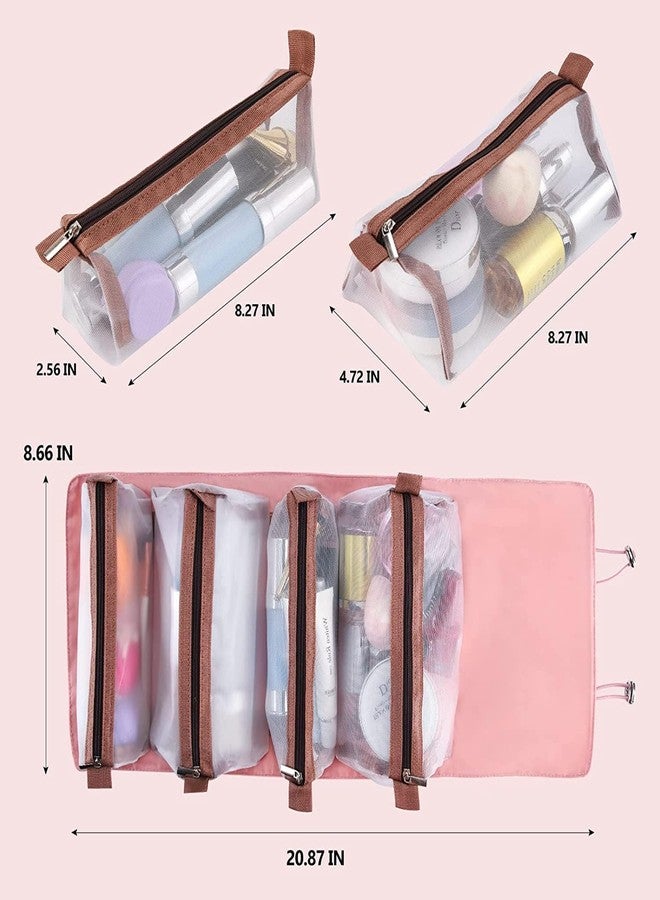 MAHNTMART Roll Up Travel Toiletry Bag for Women, Makeup Bag Travel Organizer Cosmetic Bag, 4 Removable Storage Bags, Waterproof, First Aid, Bathroom, Palette/Brush Holder (Pink) - Image 2