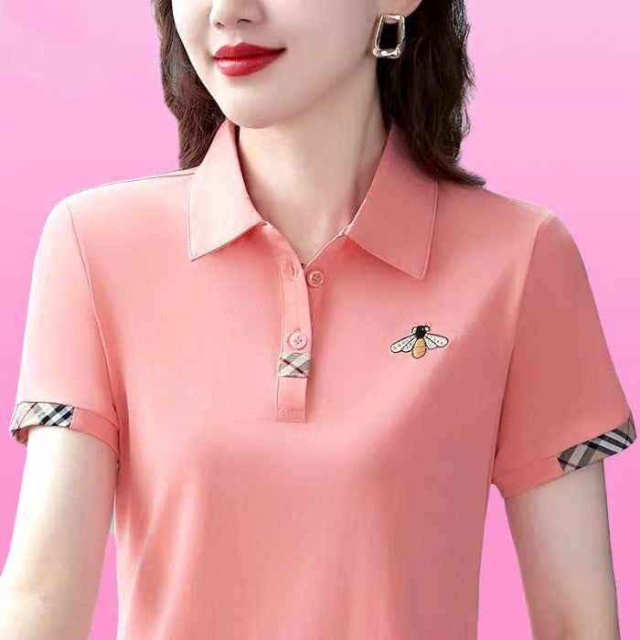 قميص بولو أنيق للأمهات في منتصف العمر بأكمام قصيرة طراز غربي صيفي جديد نحيف فضفاض YB-833 أسود - Image 3