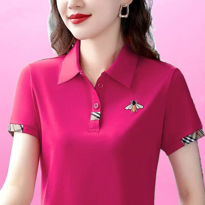 قميص بولو أنيق للأمهات في منتصف العمر بأكمام قصيرة طراز غربي صيفي جديد نحيف فضفاض YB-833 أسود - Image 2