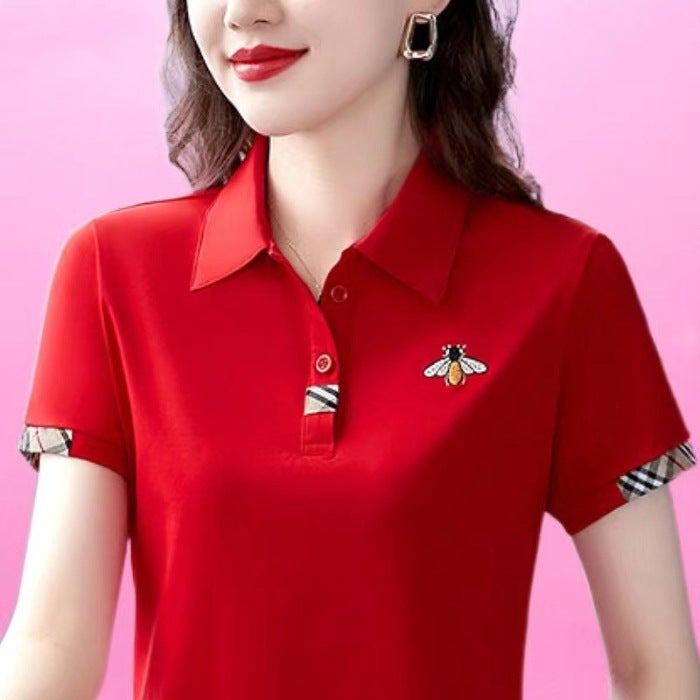 قميص بولو أنيق للأمهات في منتصف العمر بأكمام قصيرة طراز غربي صيفي جديد نحيف فضفاض YB-833 أسود - Image 4