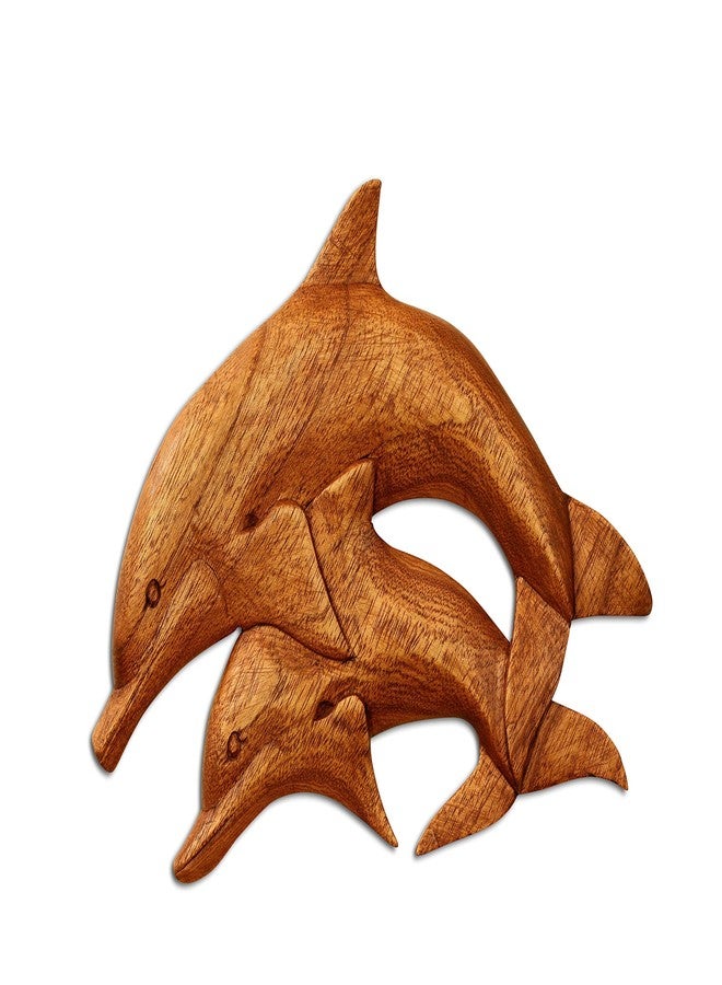 G6 Collection Wooden Dolphin Wall Art Decor Plaque Hanging Sculpture Hand Carved Accent Handcrafted Handmade Seaside Tropical Nautical Ocean Coastal Wood Home Wall (2 Dolphins) - Image 1
