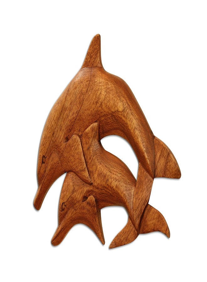 G6 Collection Wooden Dolphin Wall Art Decor Plaque Hanging Sculpture Hand Carved Accent Handcrafted Handmade Seaside Tropical Nautical Ocean Coastal Wood Home Wall (2 Dolphins) - Image 3