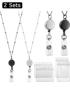 FIRSTAR 2 Sets Retractable Badge Reel Lanyard with ID Holder, Waterproof Name Card Holder, Stainless Steel Lanyard Necklace Badge Clip (Black, Silver)  - Image 1