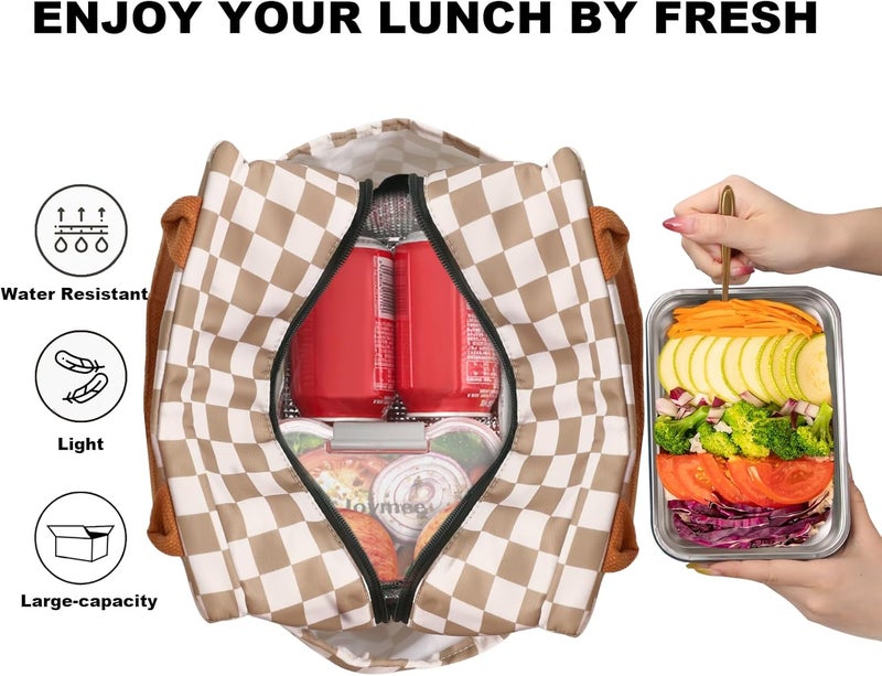 Joymee Lunch Bag Women Insulated Lunch Box Reusable Leakproof Large Spacious Cooler Tote for Women Men Adult with Bottle Holder and Side Pockets for Work Office Travel Picnic - Checker Brown - Image 4