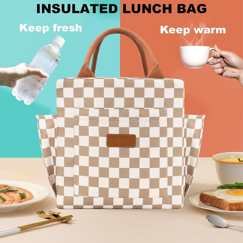 Joymee Lunch Bag Women Insulated Lunch Box Reusable Leakproof Large Spacious Cooler Tote for Women Men Adult with Bottle Holder and Side Pockets for Work Office Travel Picnic - Checker Brown - Image 3