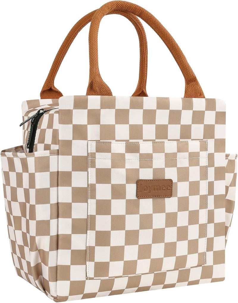 Joymee Lunch Bag Women Insulated Lunch Box Reusable Leakproof Large Spacious Cooler Tote for Women Men Adult with Bottle Holder and Side Pockets for Work Office Travel Picnic - Checker Brown - Image 2
